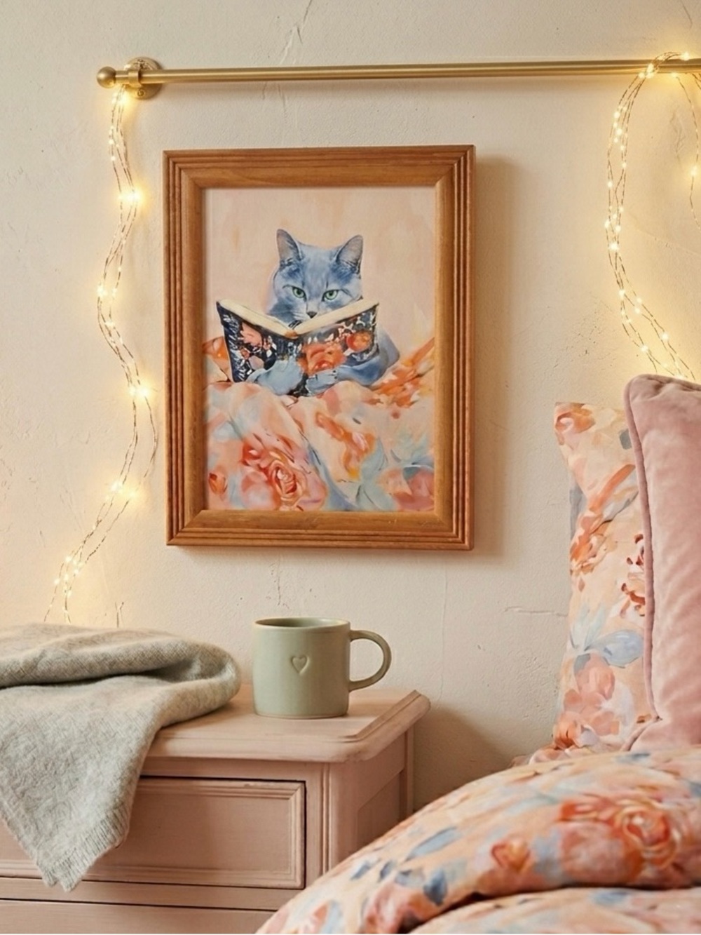 Cozy Cat Reading a Book in Bed Canvas Art Print Wood Framed Wall Hanging Art